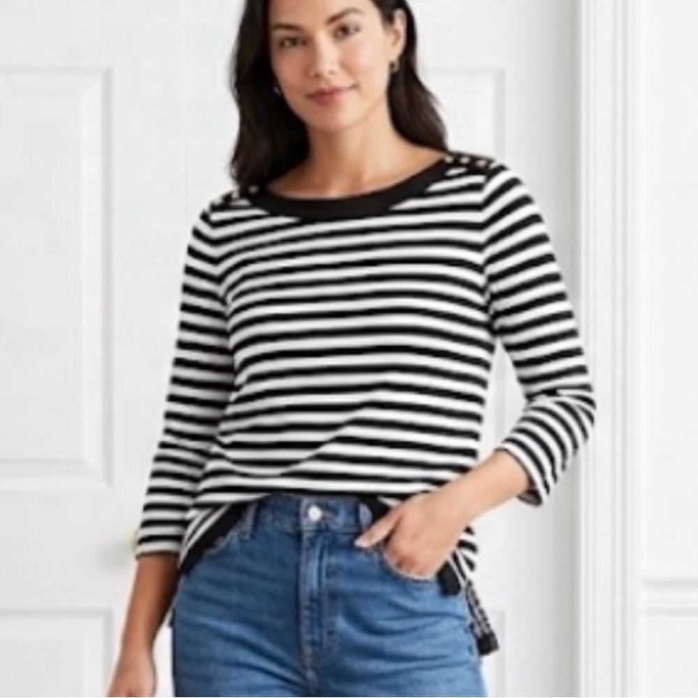 Rafaella Weekend Striped Boat Neck Top M Black White Gold Buttons 100% Cotton